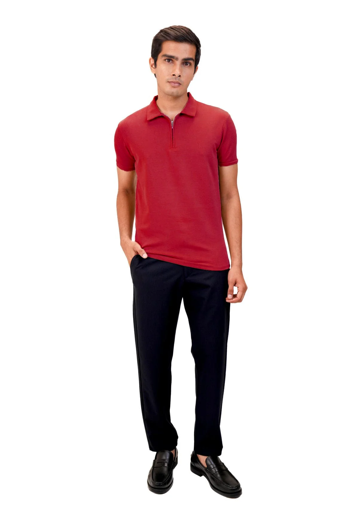 Suede Zipper Polo- Deep Red - Image 2