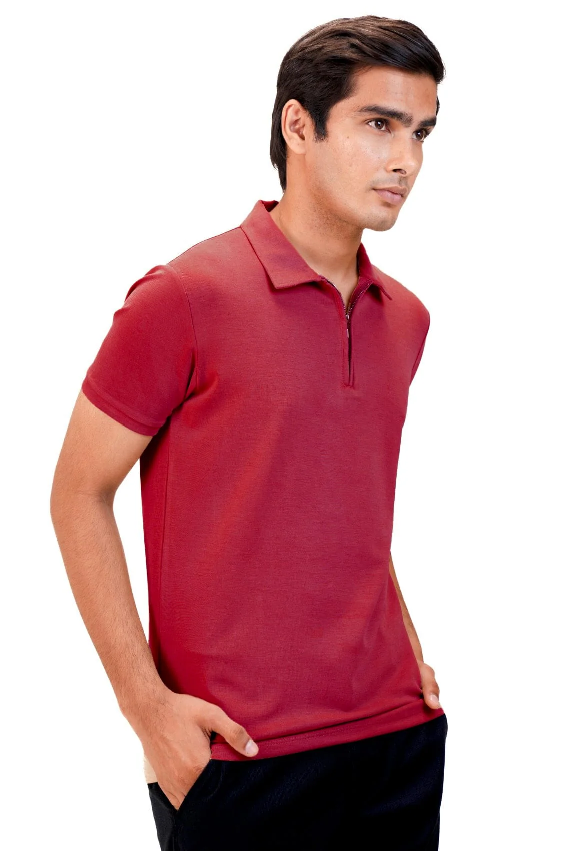 Suede Zipper Polo- Deep Red - Image 3