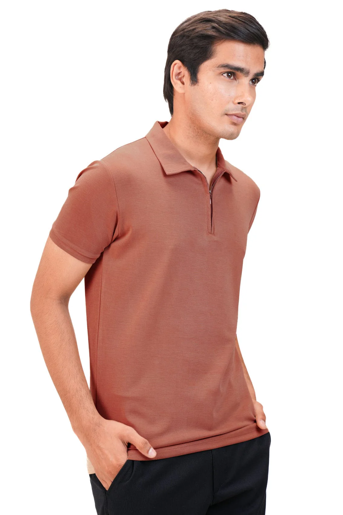 Suede Zipper Polo- Sunset Rust